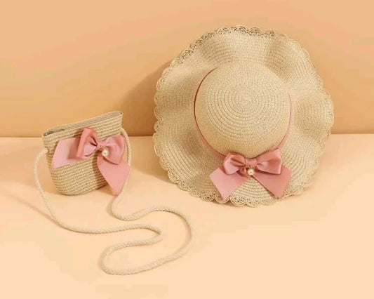 Children's hat and bag set (pink bow)