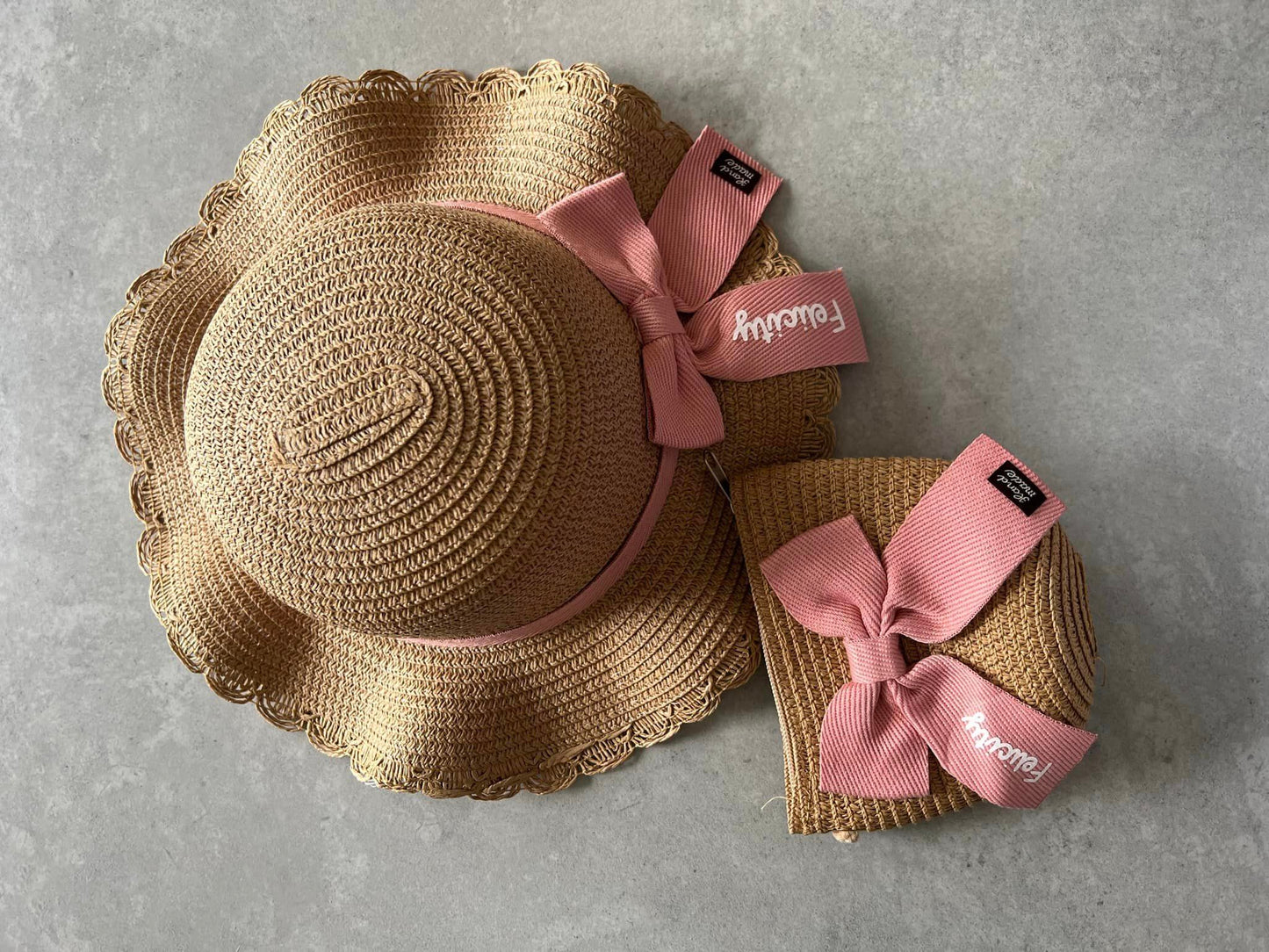 Children's hat and bag set (pink bow)